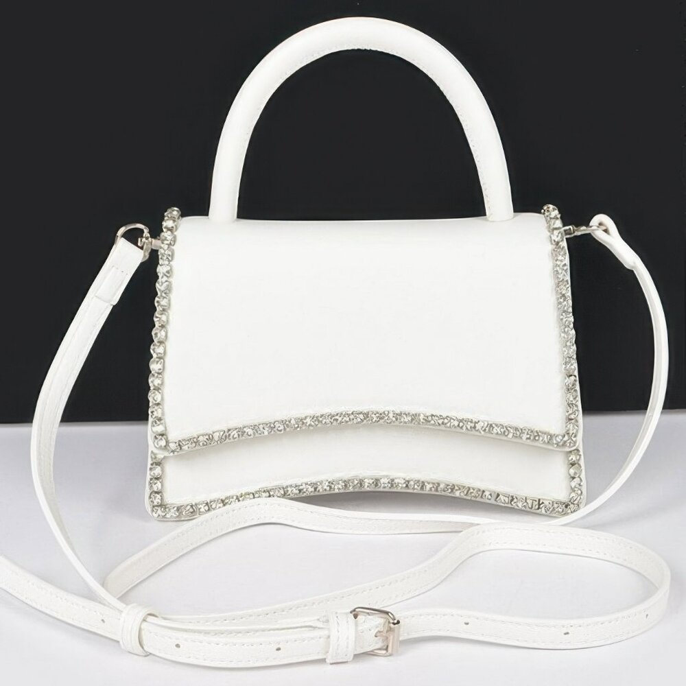 Faux Leather Top Handle Flap Bag With Rhinestone